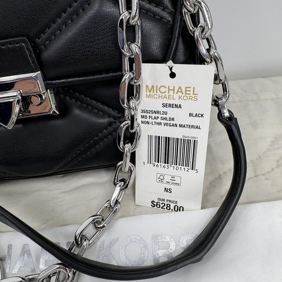 Michael Kors Serena Shoulder Bag Womens Black Quilted Vegan Chain Crossbody - Picture 6 of 14